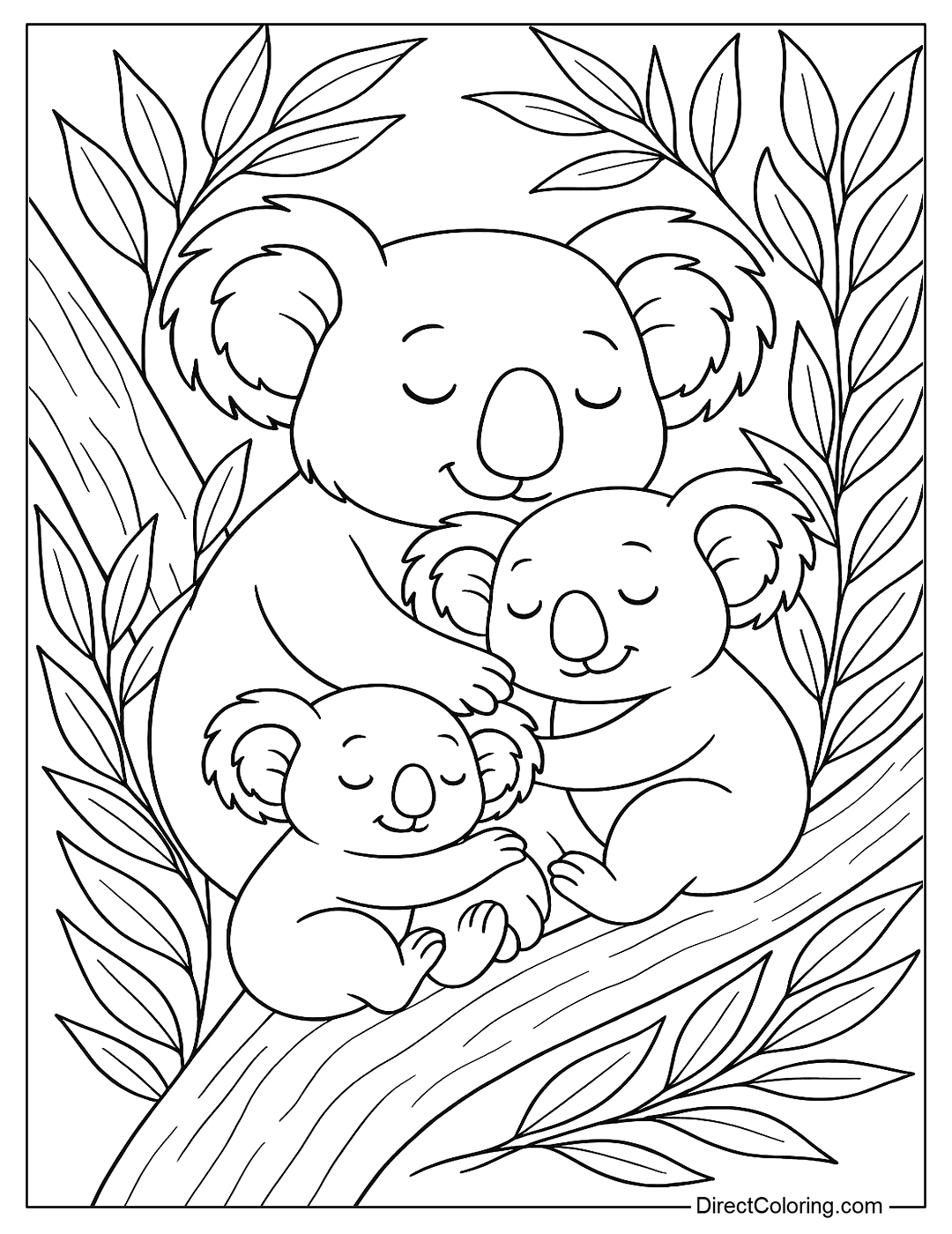 coloring page A koala family hugs each other to sleep on a tree branch, surrounded by eucalyptus leaves
